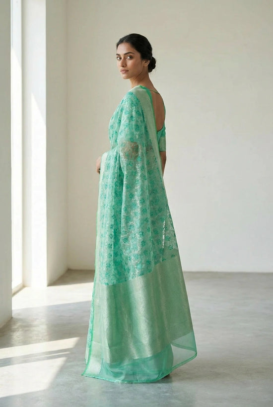 Rama Green Kora Silk Banarasi Saree with Kora Buti by Rangoli