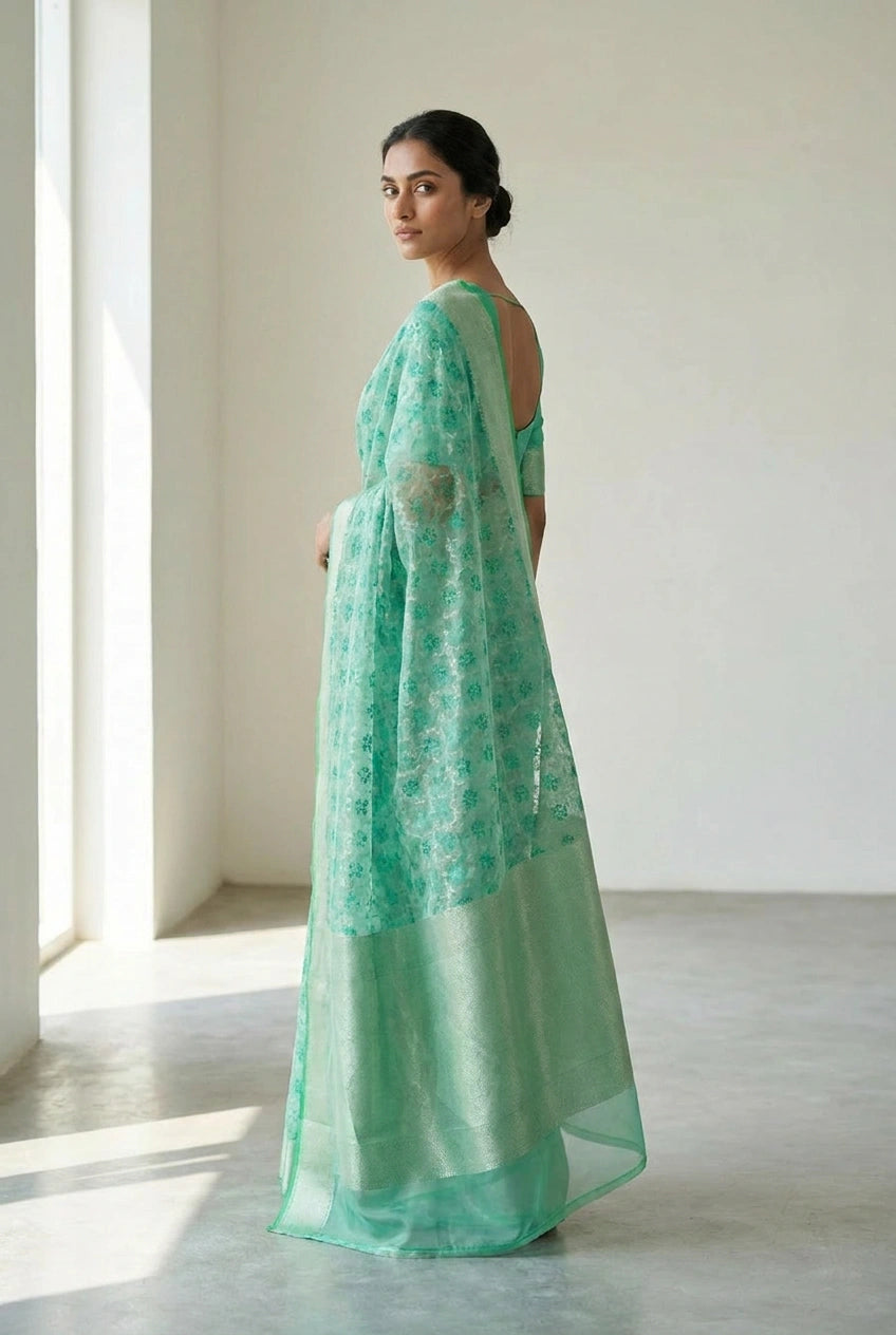 Rama Green Kora Silk Banarasi Saree with Kora Buti for Family Function