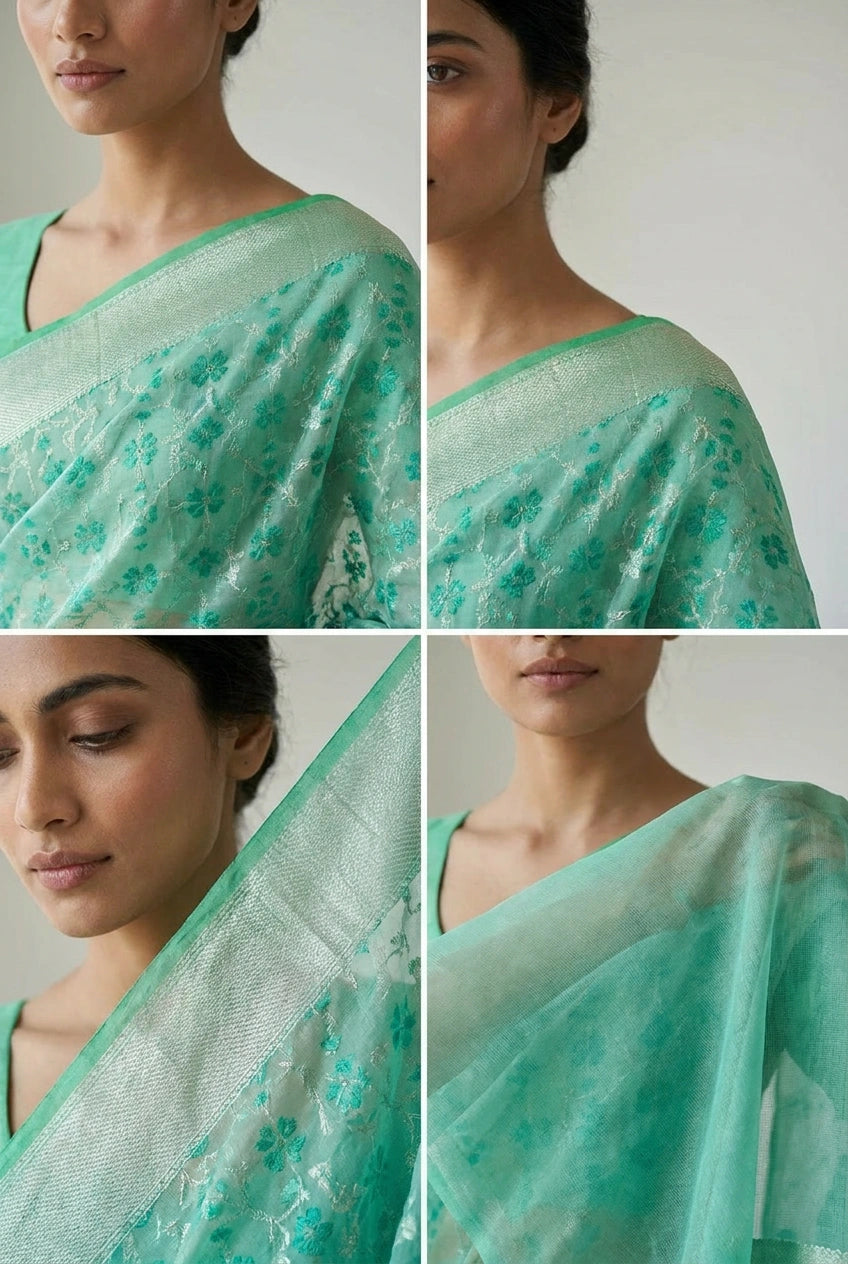 Rama Green Kora Silk Banarasi Saree with Kora Buti