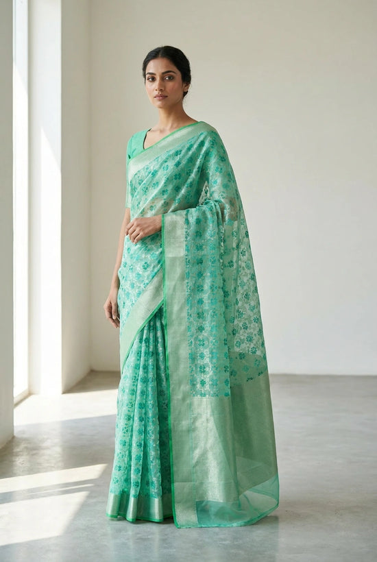 Rama Green Kora Silk Banarasi Saree with Kora Buti for Family Function