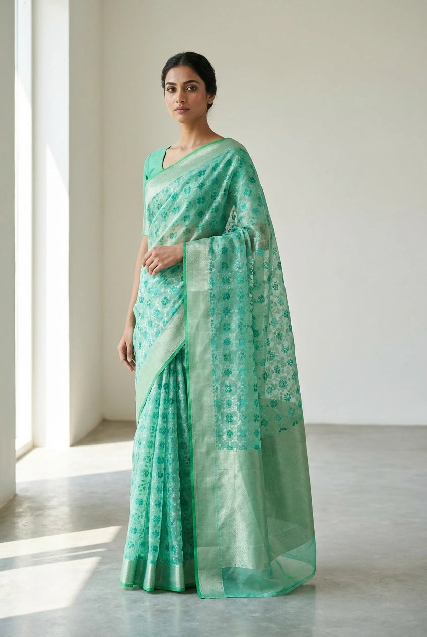 Rama Green Kora Silk Banarasi Saree with Kora Buti for Family Function