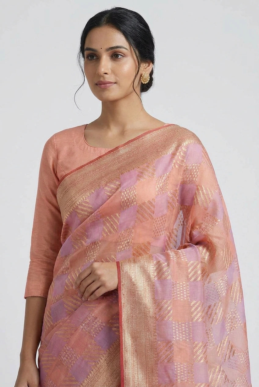 Woman wearing a pink saree with a white background