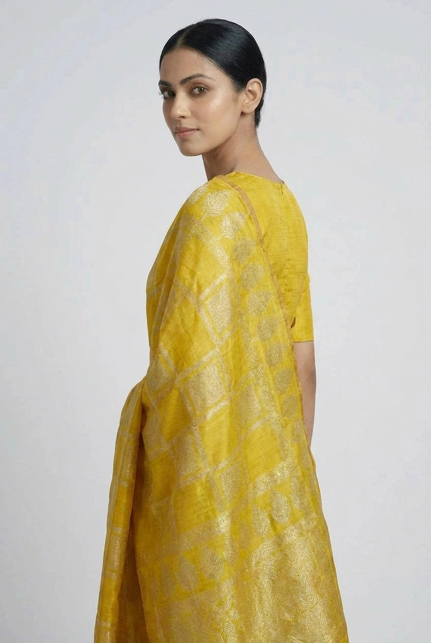 Woman wearing a yellow traditional outfit with a plain background