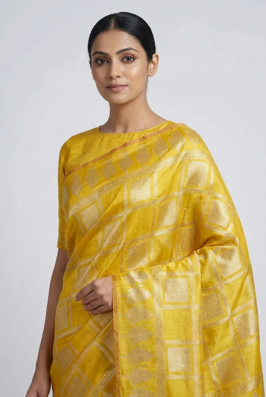 Woman wearing a yellow saree with a white background