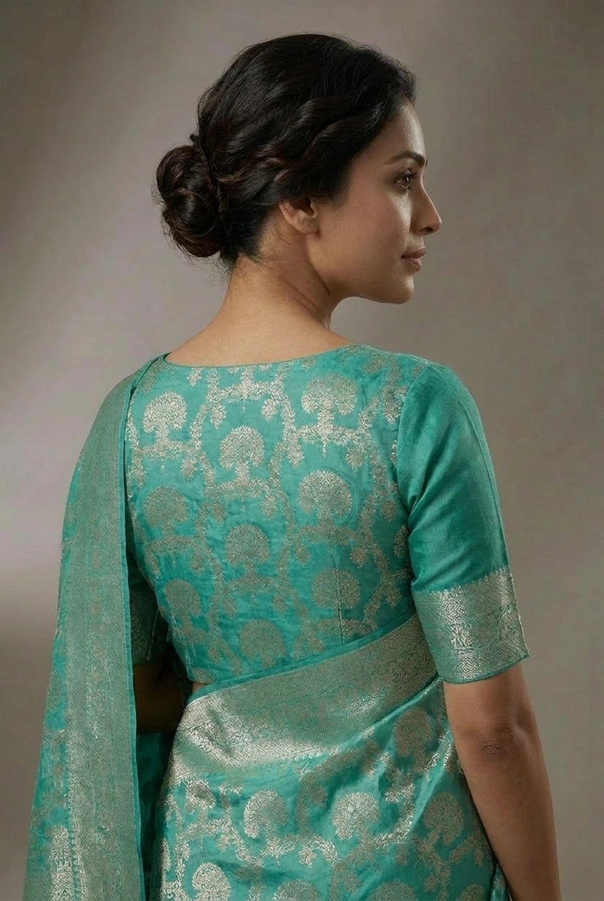 Woman wearing a teal saree with a subtle pattern against a neutral background