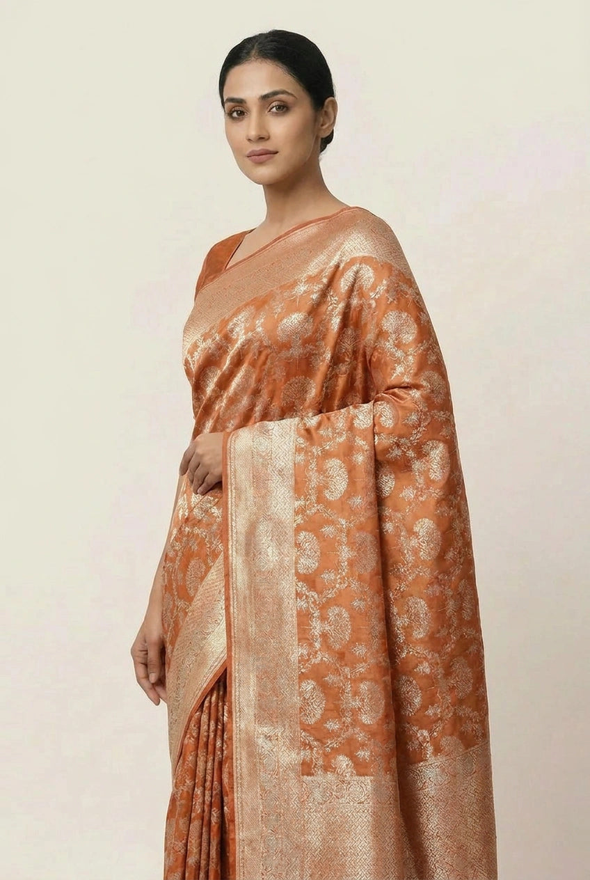 Woman wearing a traditional saree with a subtle pattern on a plain background
