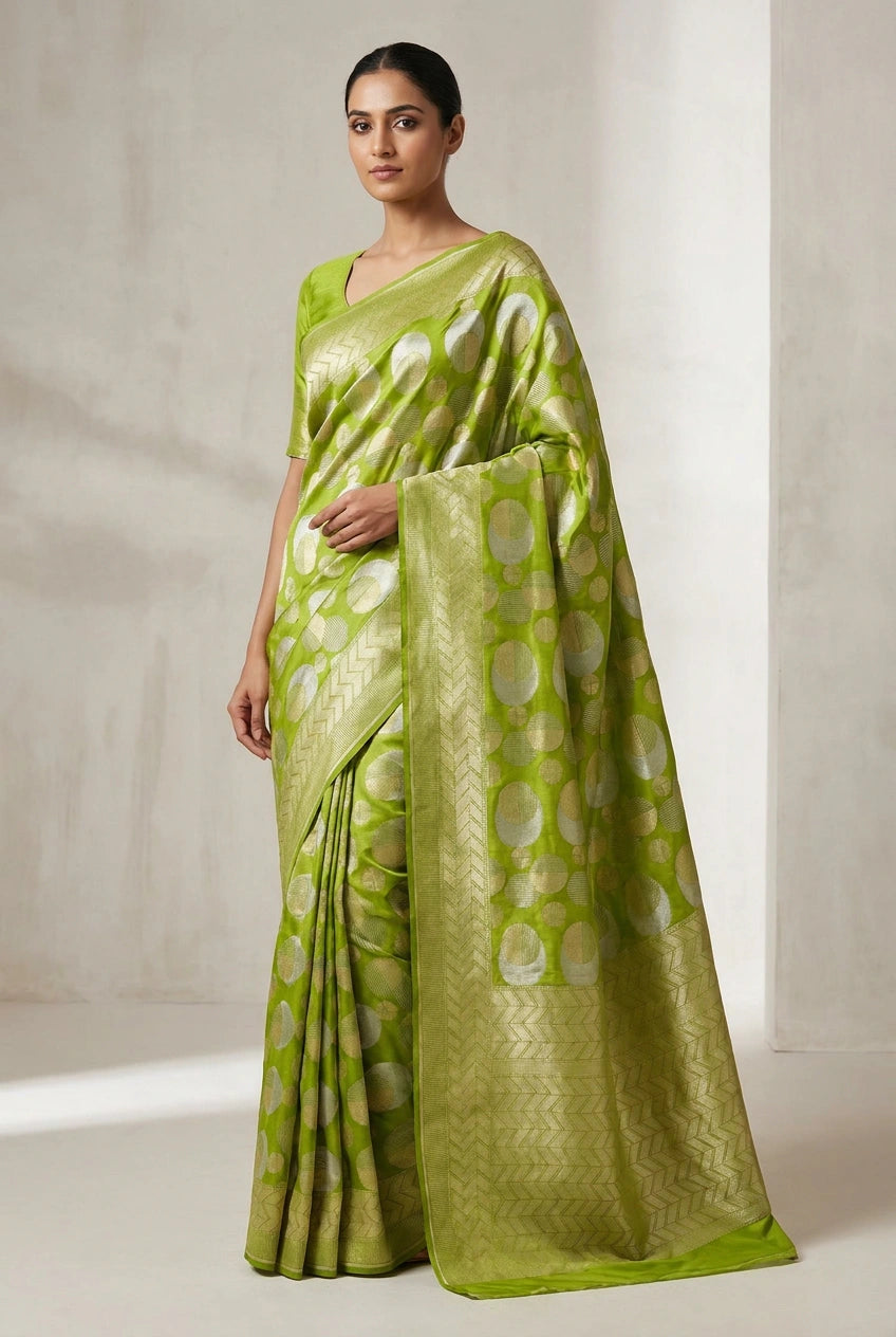 Woman wearing a green saree with white patterns against a neutral background