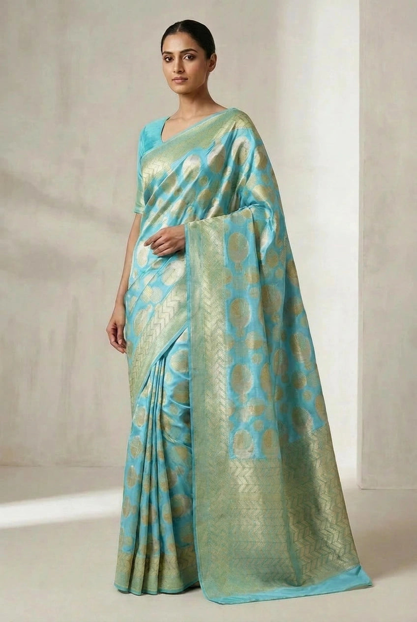 Woman wearing a green and blue saree with a plain background