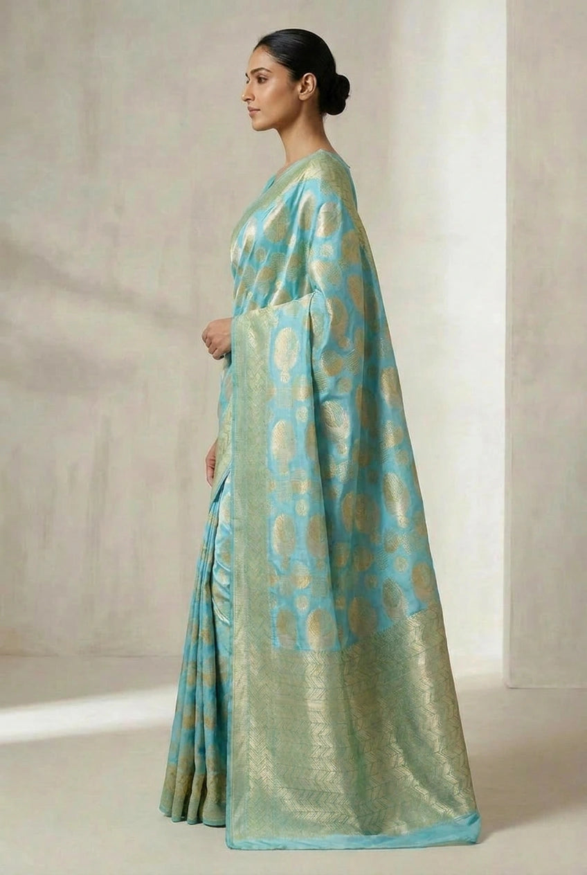 Woman wearing a green and blue saree with a plain background