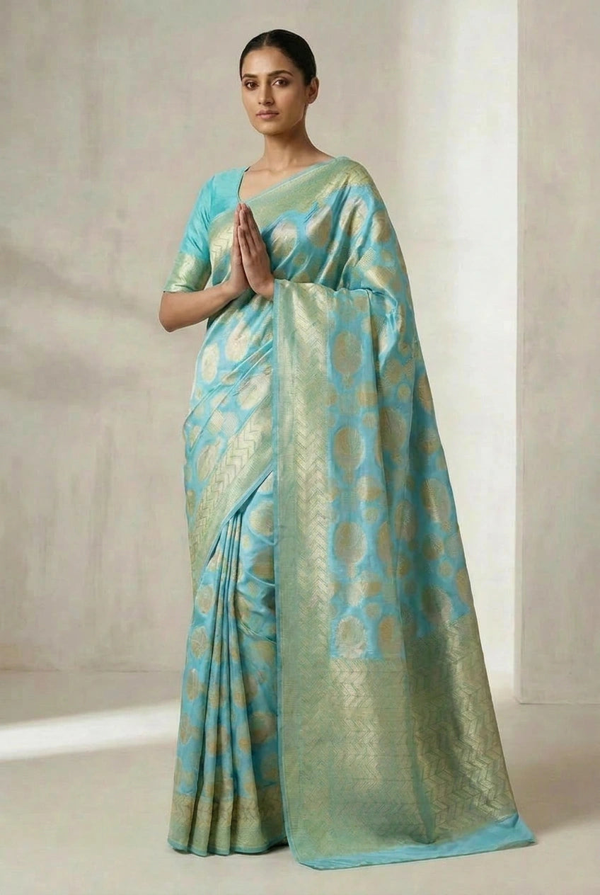 Woman wearing a light blue and green saree with a subtle pattern against a neutral background