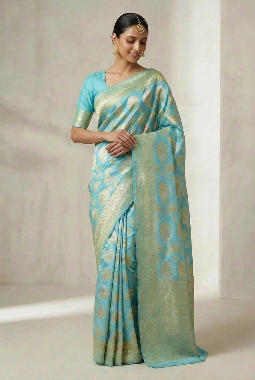 Woman wearing a light blue and green saree with a subtle pattern against a neutral background