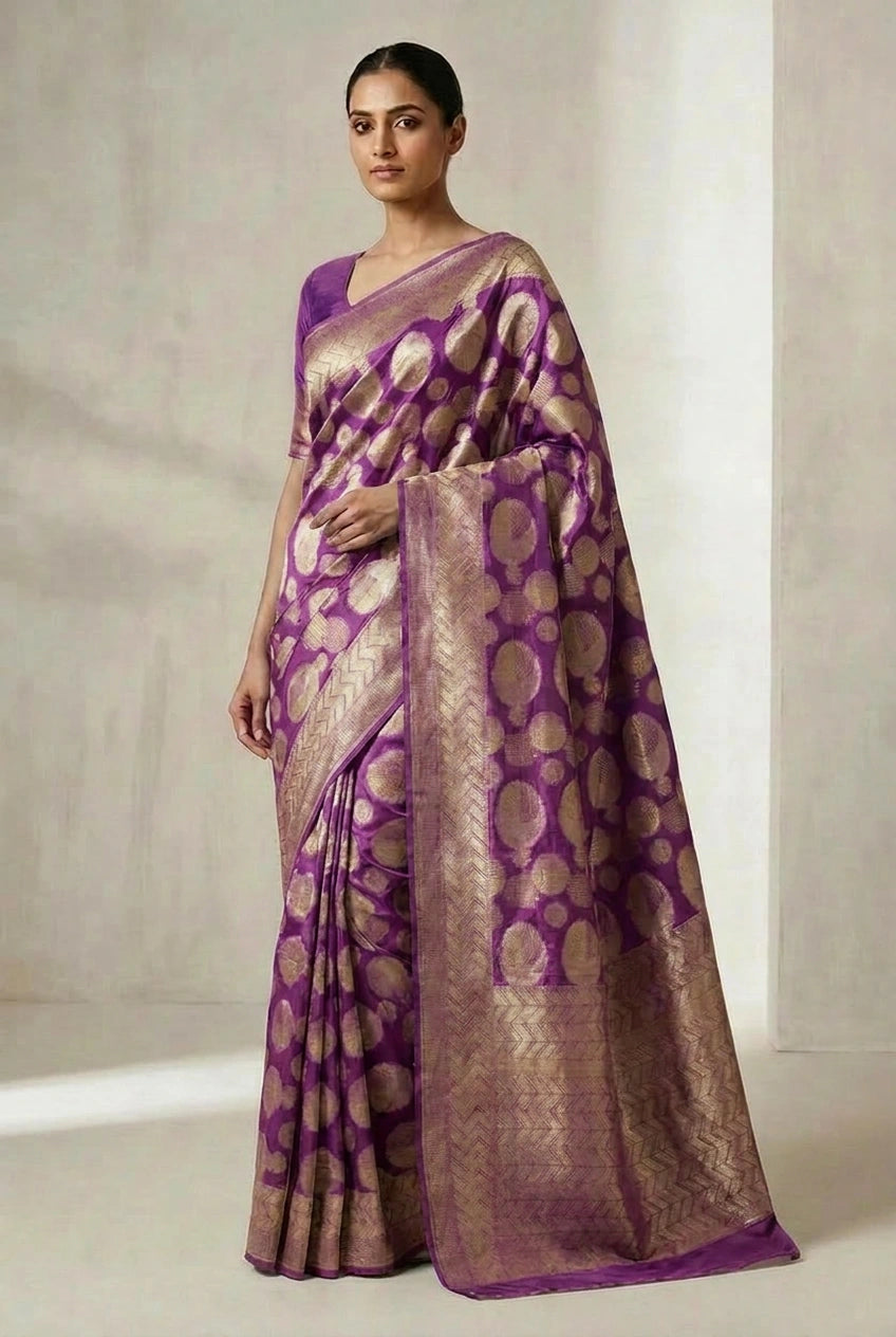 Woman wearing a purple and beige saree against a plain background