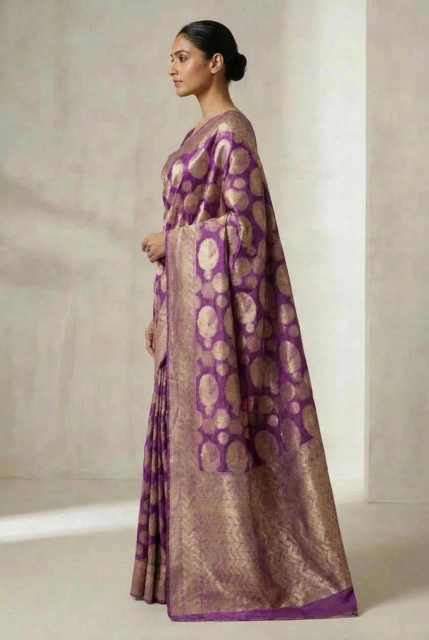 Woman wearing a purple and gold saree against a neutral background