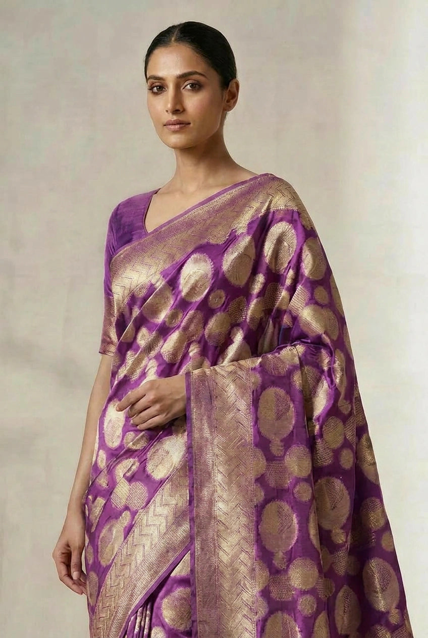 Woman wearing a purple and gold saree with a neutral background