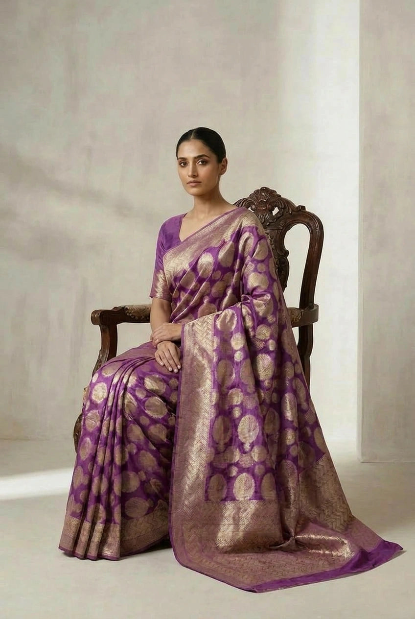 Woman wearing a purple and gold saree sitting on a wooden chair against a plain background
