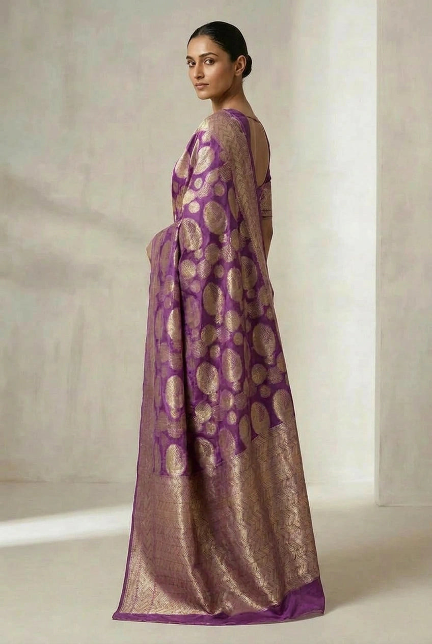 Woman wearing a purple and gold patterned saree against a neutral background