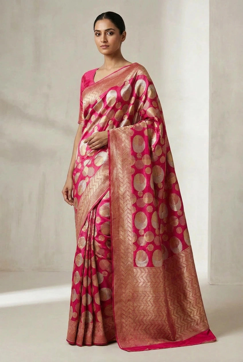 Woman wearing a pink and gold saree with a white background