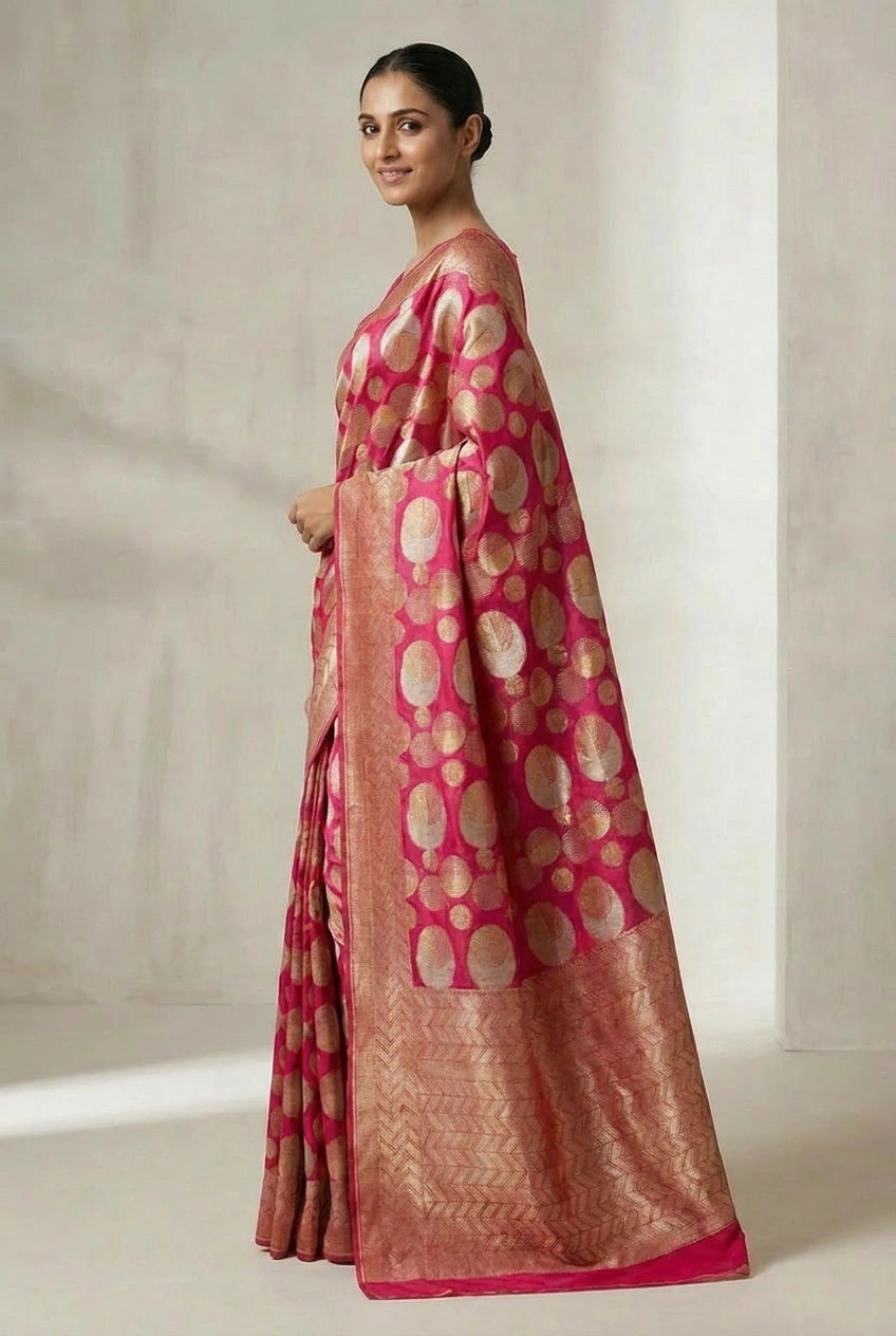 Woman wearing a pink and gold saree with a white background