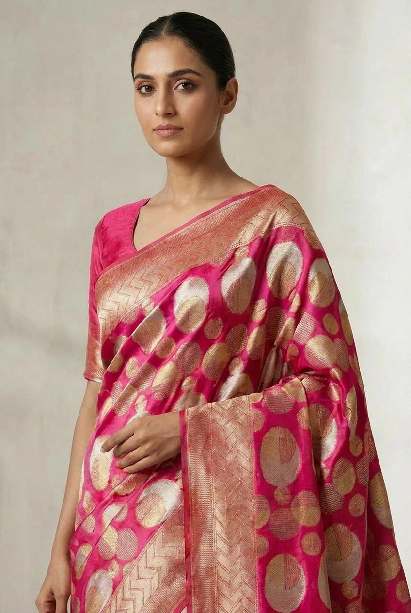 Woman wearing a pink and gold saree with a white background
