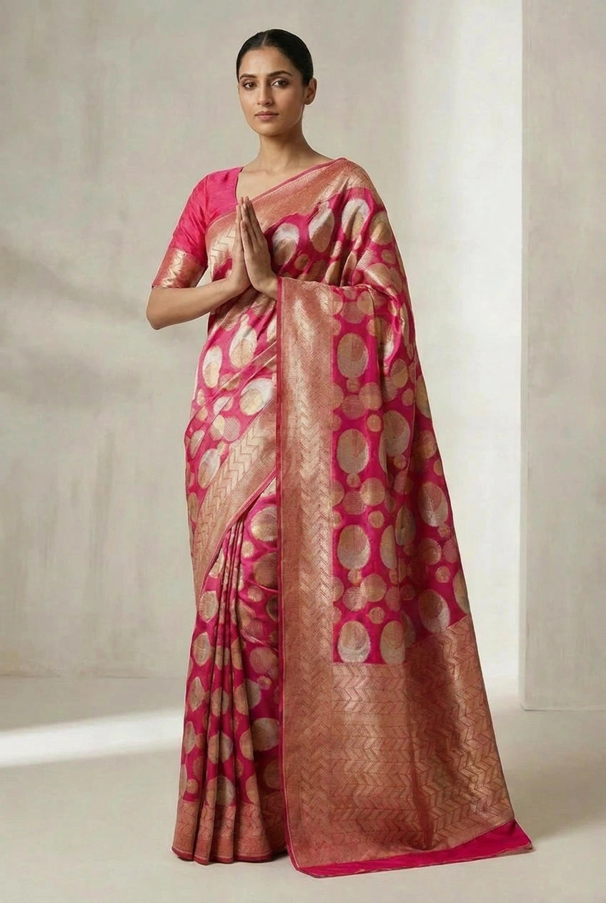 Woman wearing a pink and gold saree with a white background