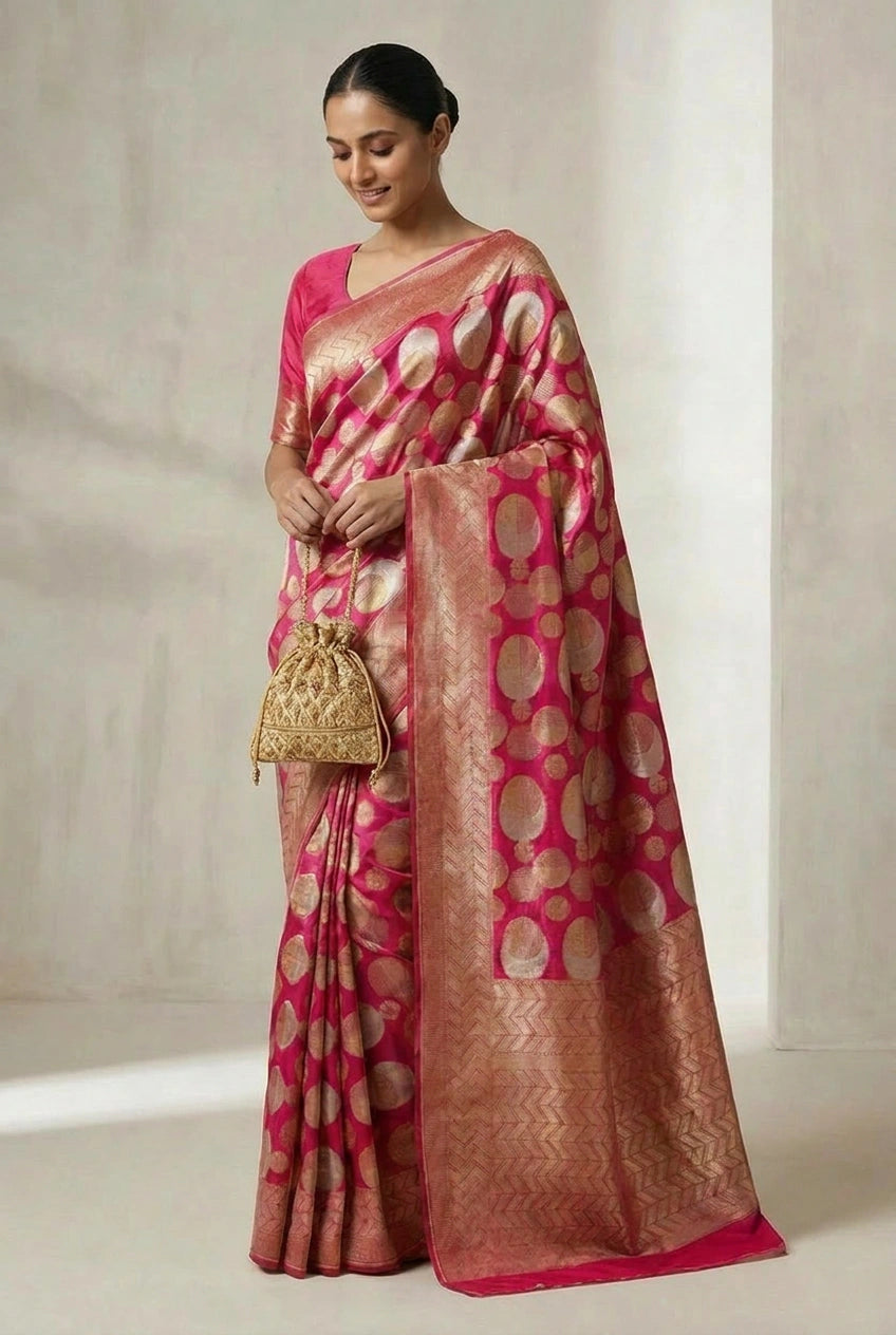 Woman wearing a pink and gold saree with a matching handbag against a plain background