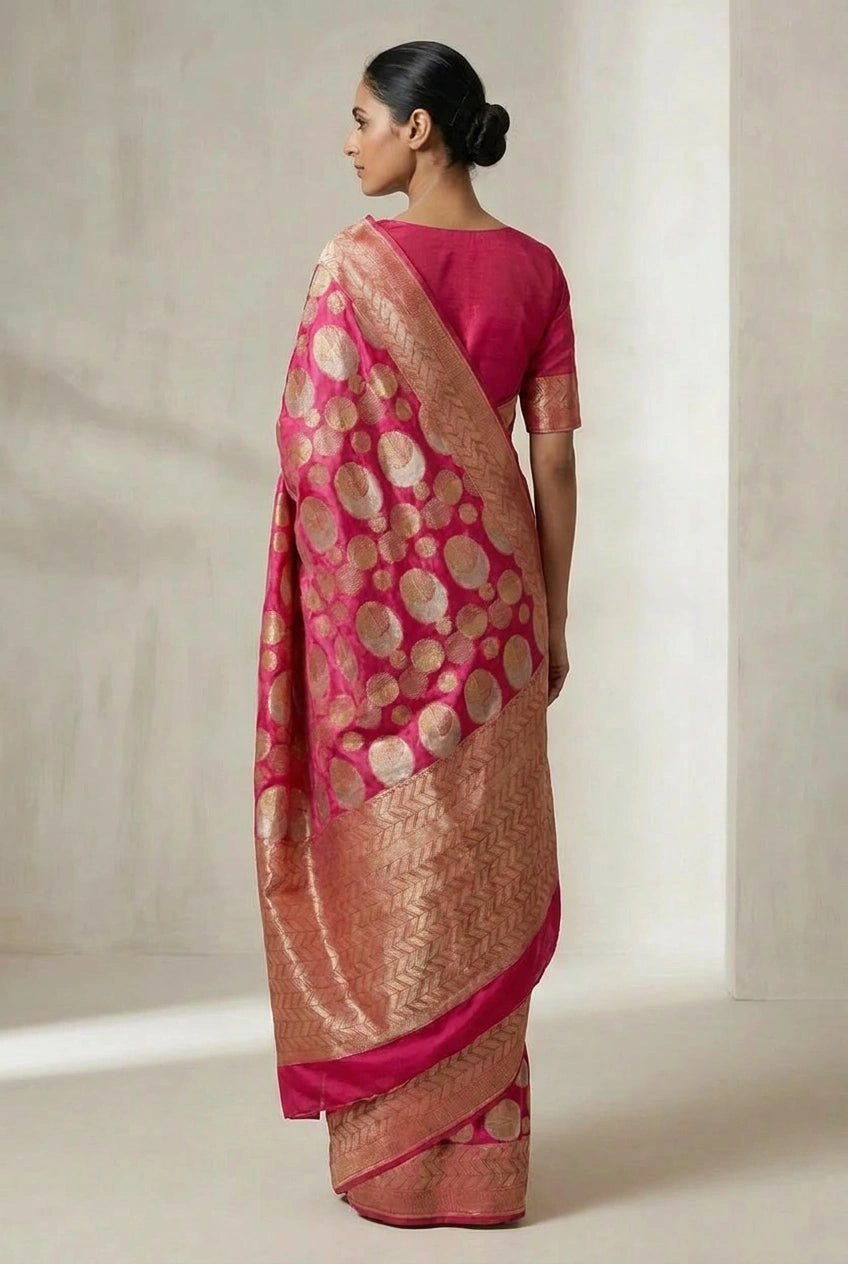 Woman wearing a pink saree with a gold border against a neutral background