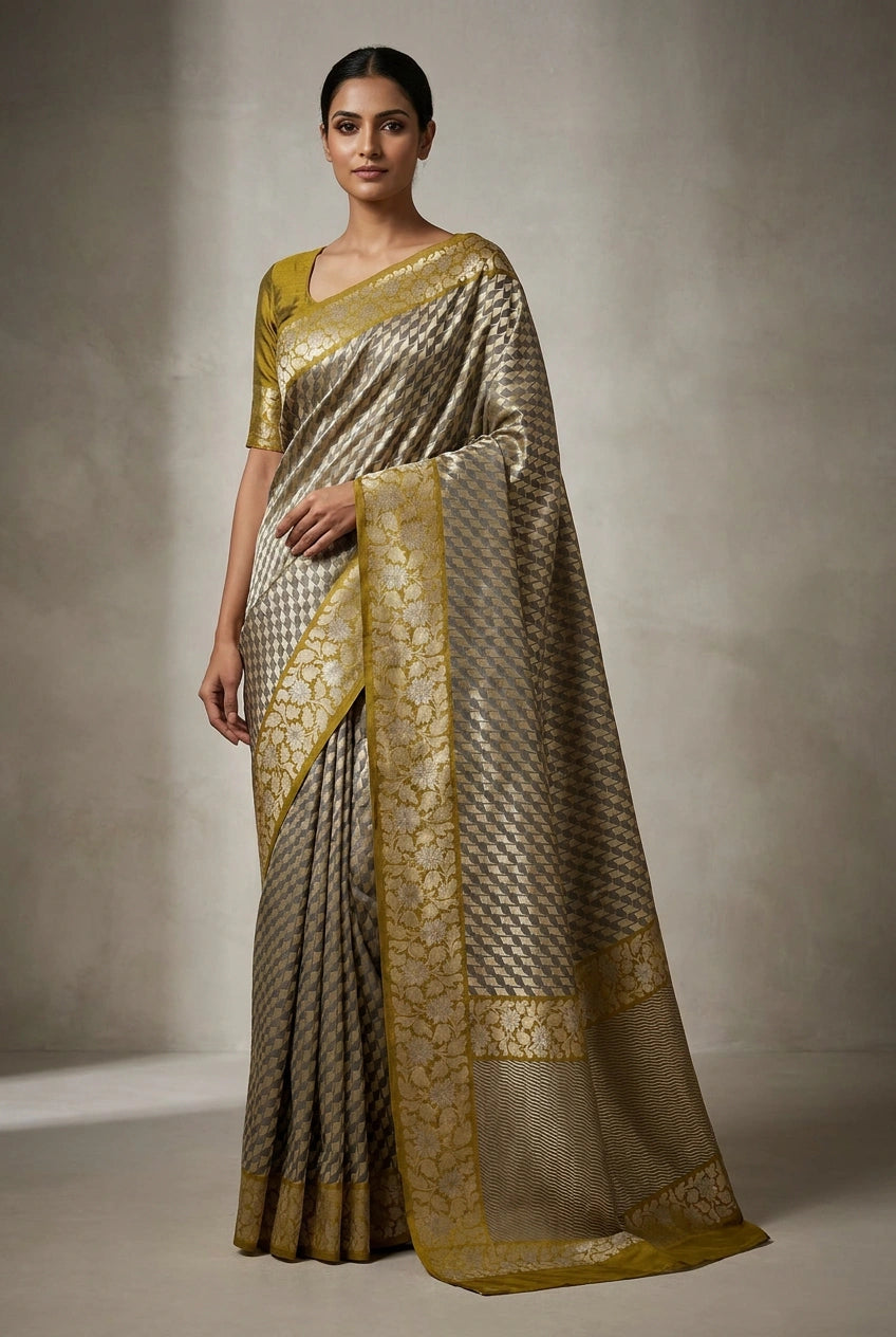 Woman wearing a traditional saree with gold and silver patterns on a neutral background