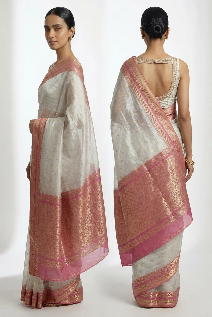 Woman wearing a saree with pink and gold border, front and back views on a white background