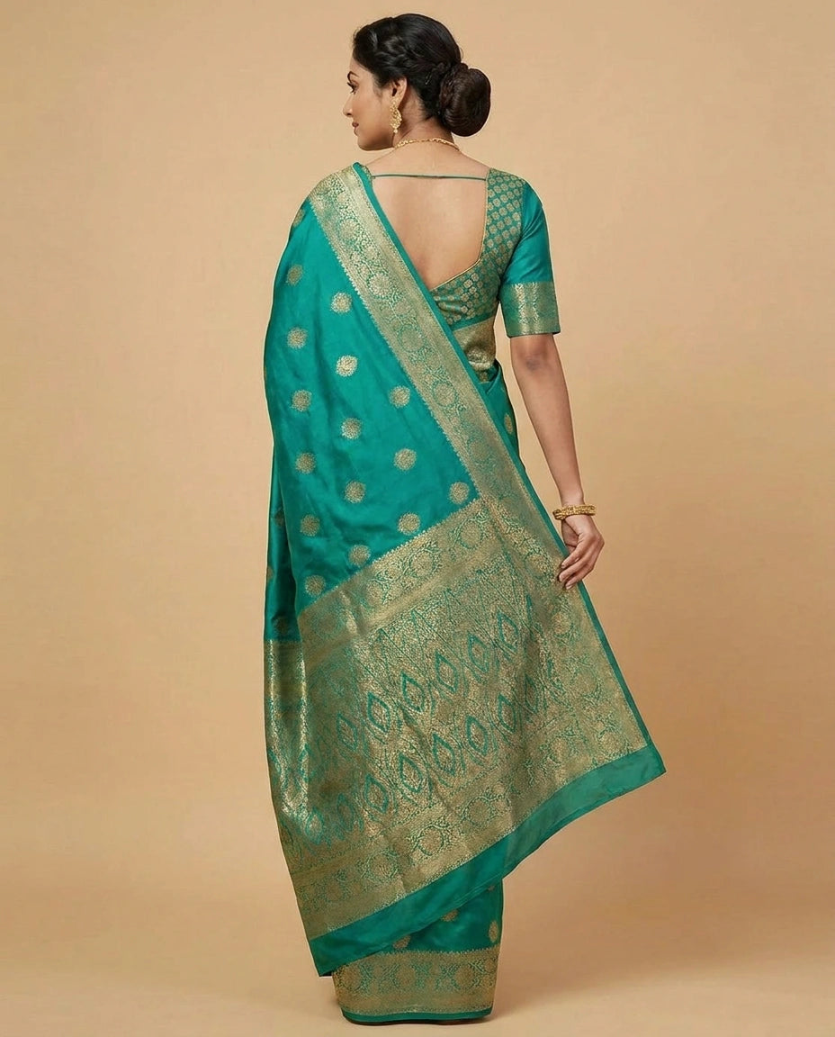 Silk Katan South Weave Saree with Temple Border Contrast view 3
