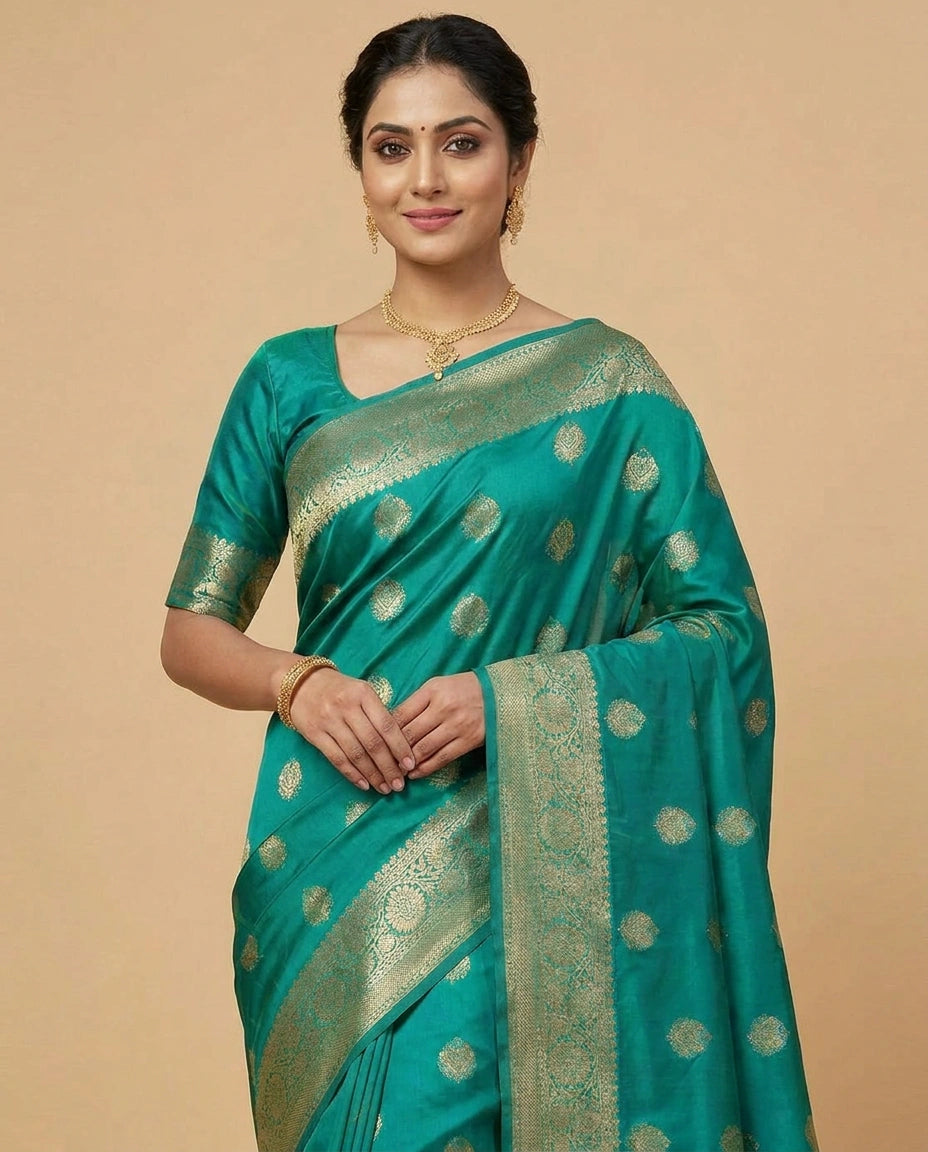 Silk Katan South Weave Saree with Temple Border Contrast view 4