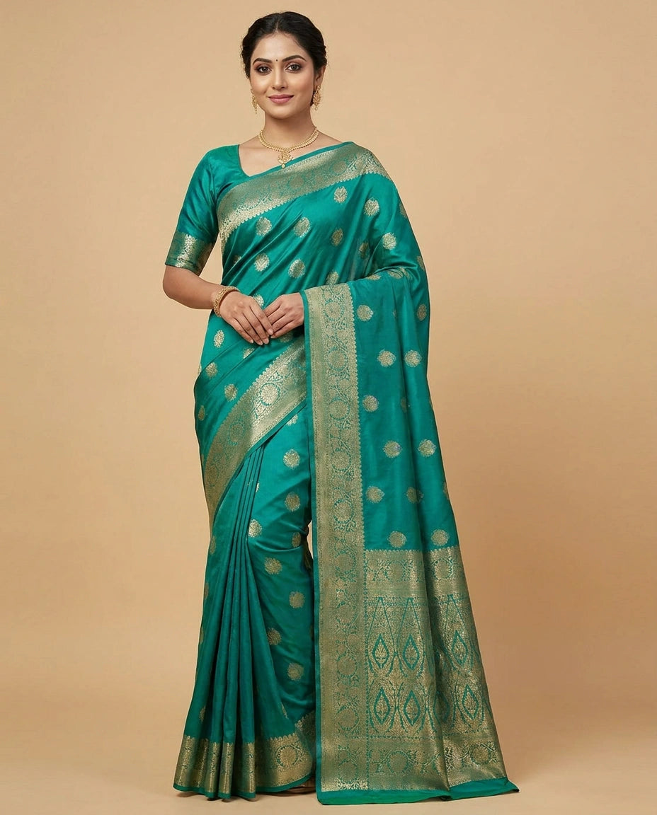 Blue Silk Katan South Weave Saree with Temple Border Contrast
