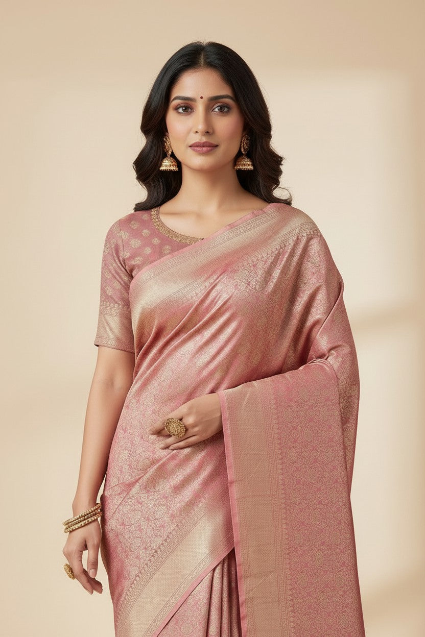 Artisan Pure Silk Katan Banarasi Silk Saree - Pink | Rangoli
