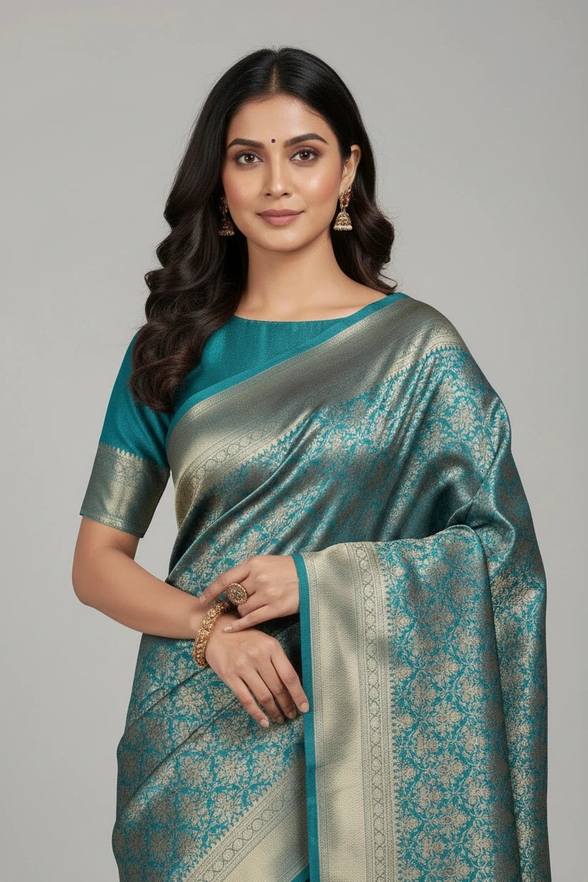 Artisan Pure Silk Katan Banarasi Silk Saree - Peacock Blue | Rangoli