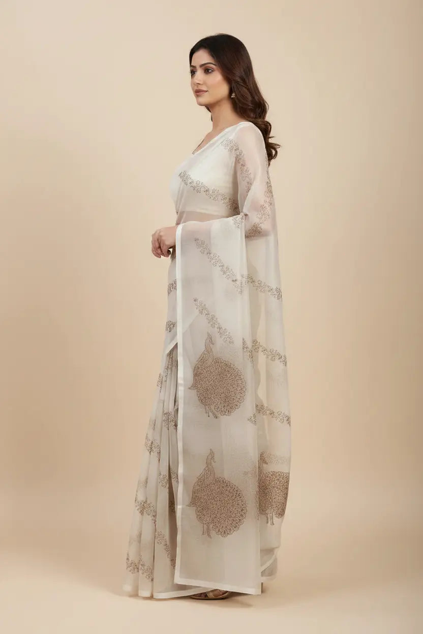 Woman wearing a light-colored saree with a subtle pattern on a beige background