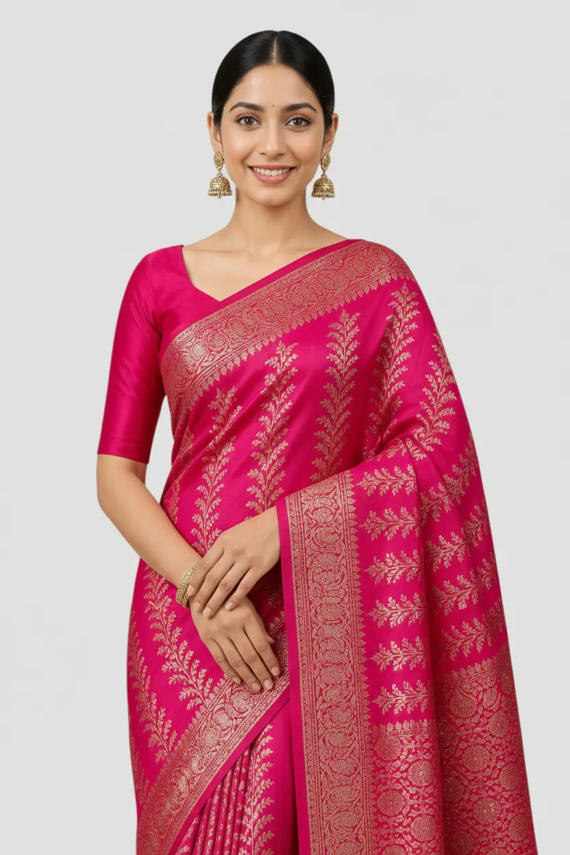 Woman wearing a pink saree with intricate patterns on a white background