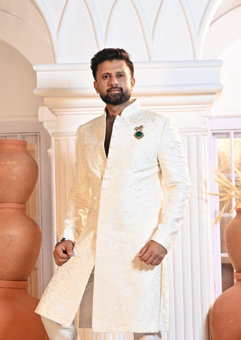 White Raw Silk Sherwani