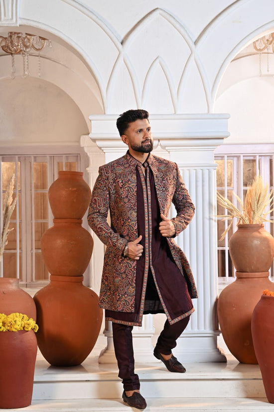 Wine Tussar Silk Sherwani