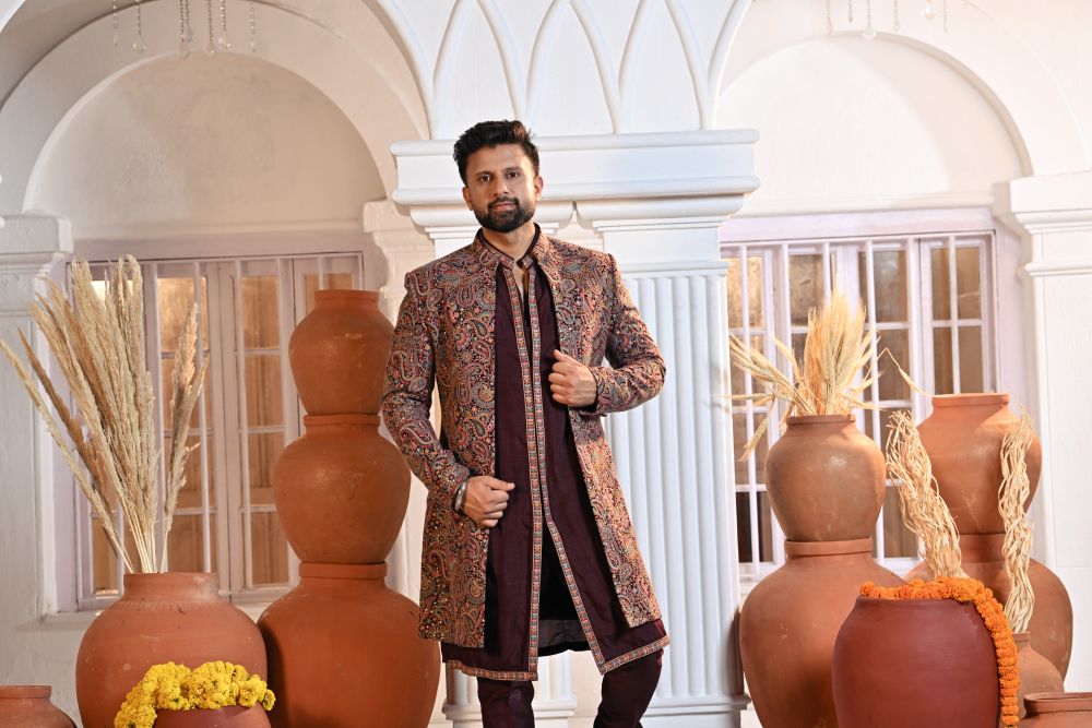 Wine Tussar Silk Sherwani
