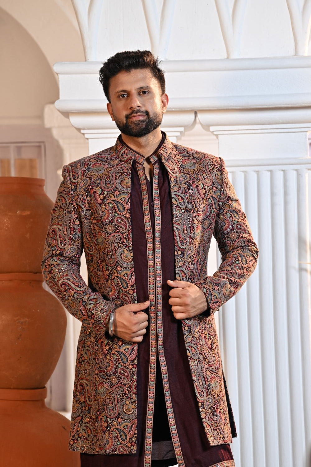 Wine Tussar Silk Sherwani