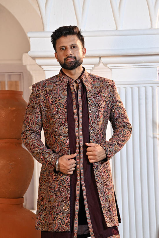 Wine Tussar Silk Sherwani