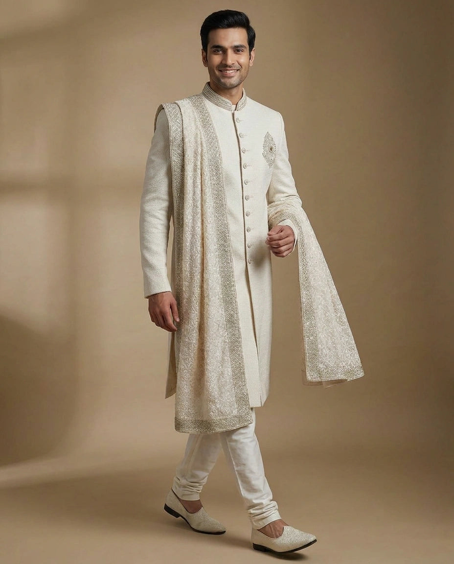 Men's Cream Georgette Sherwani — photo 3 of 4