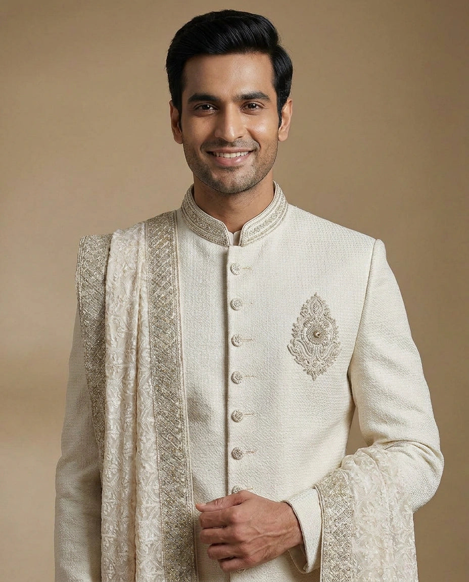 Men's Cream Georgette Sherwani — photo 2 of 4