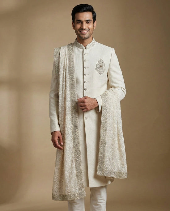 Men's Cream Georgette Sherwani