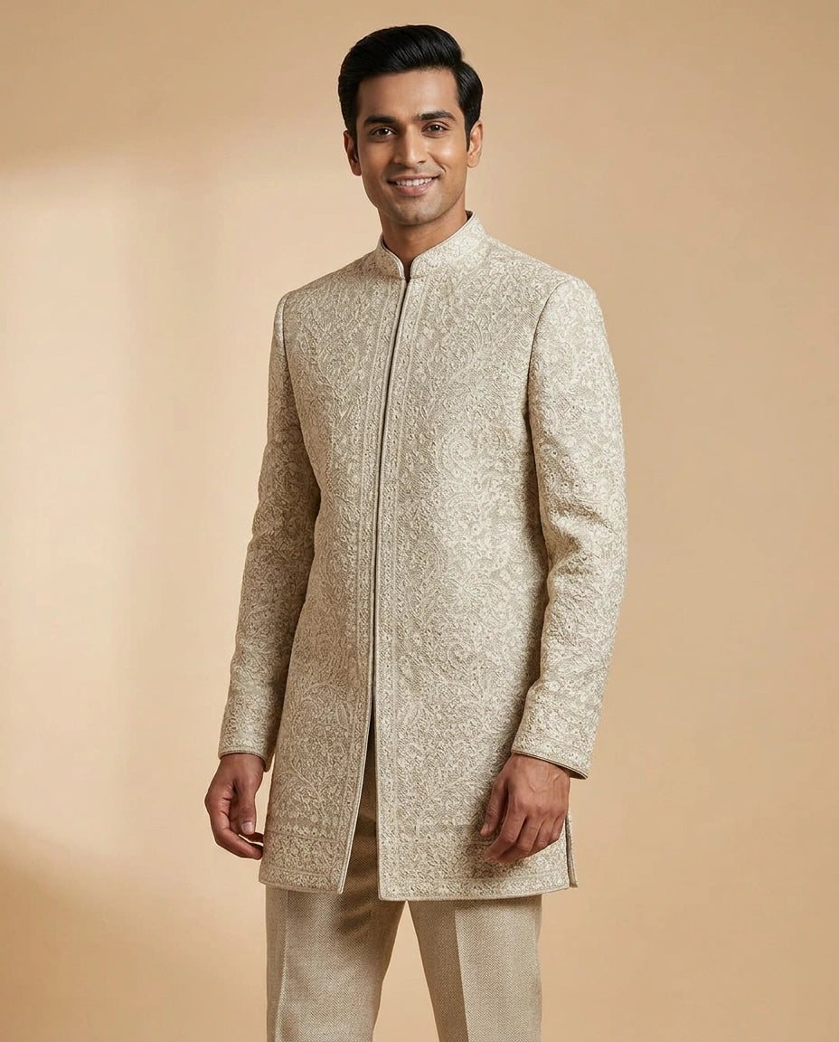 Off White Indowestern Jacket in Jute Linen - Rangoli India