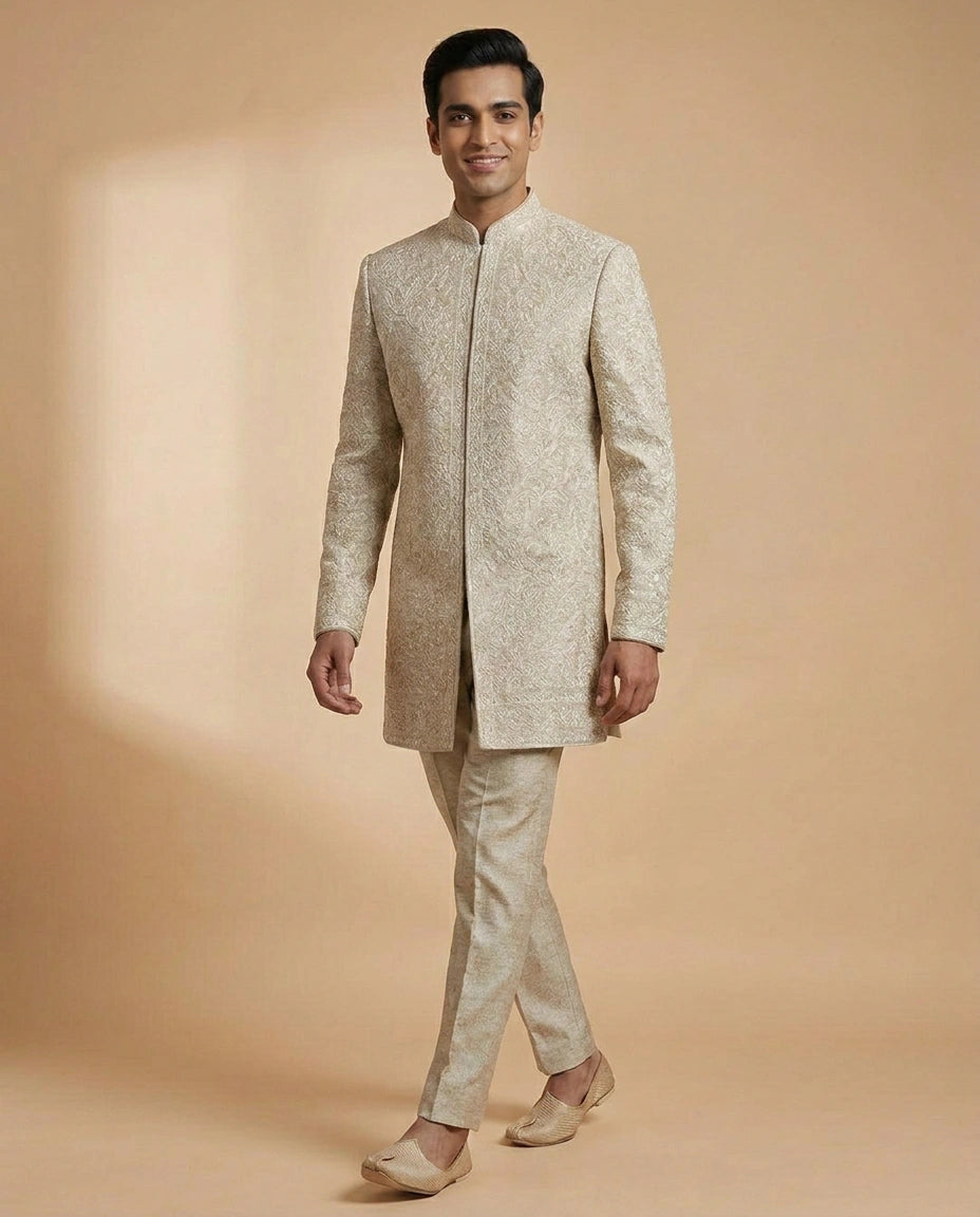 Off White Indowestern Jacket in Jute Linen - Rangoli India