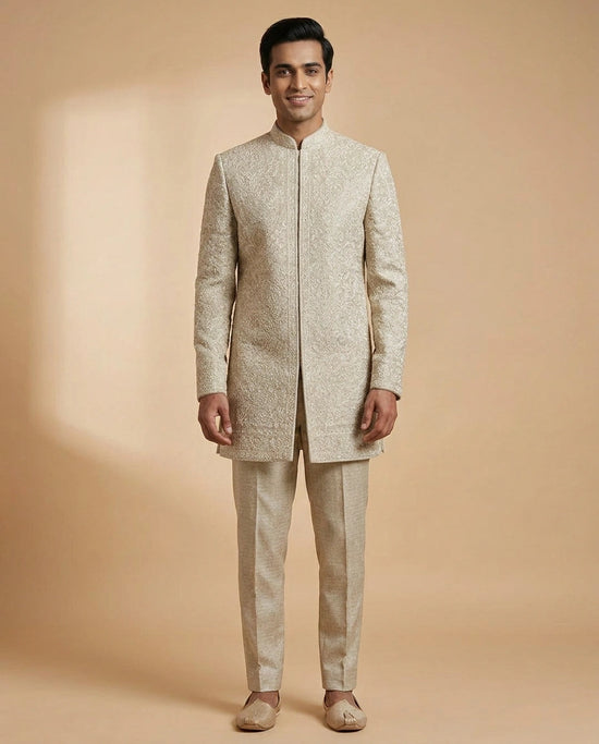 Off White Indowestern Jacket in Jute Linen - Rangoli India