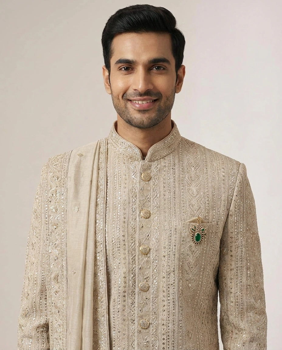 Off White Tissue Sherwani Embroidery - Rangoli India