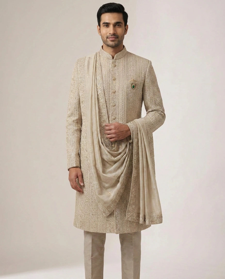 Off White Tissue Sherwani Embroidery - Rangoli India