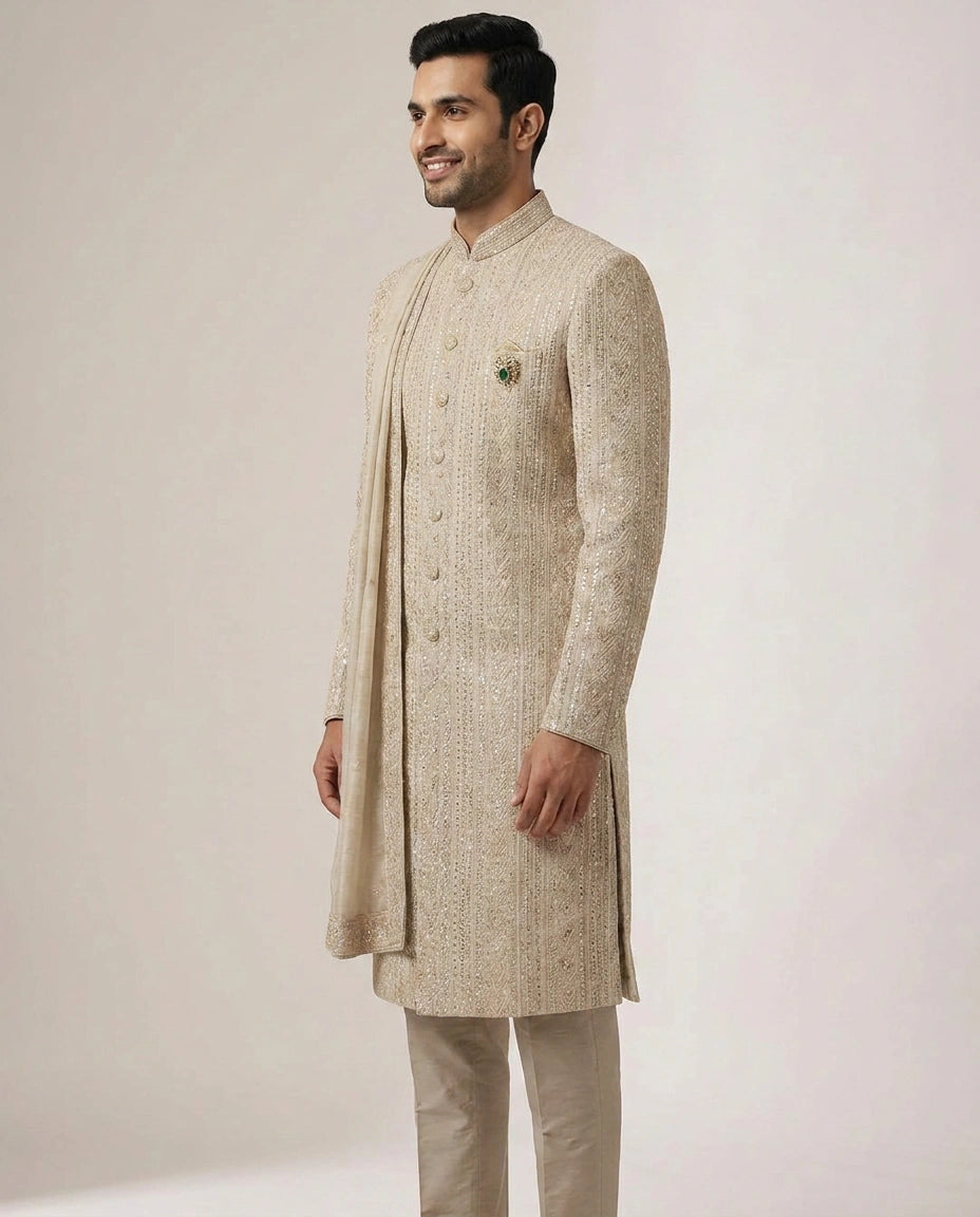 Off White Tissue Sherwani Embroidery - Rangoli India