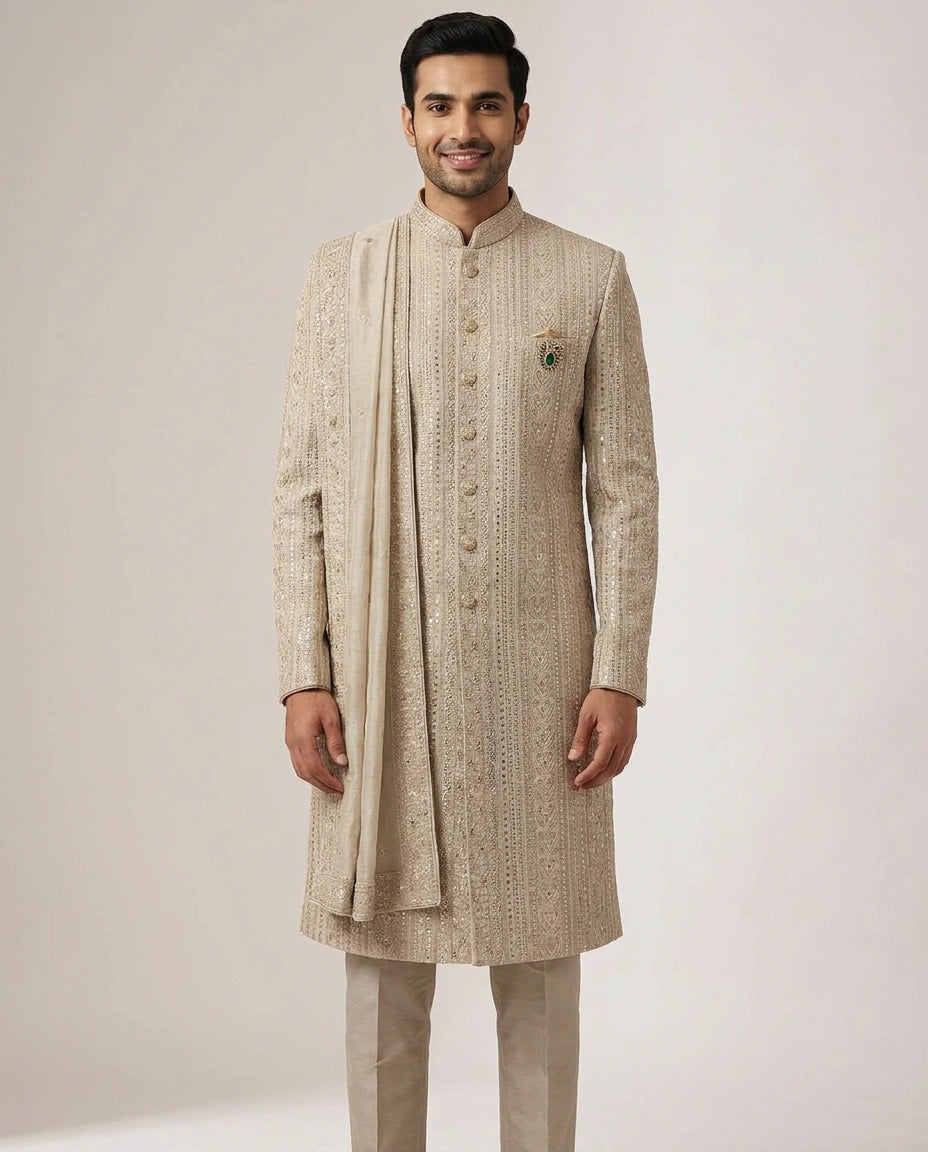 Off White Tissue Sherwani Embroidery - Rangoli India